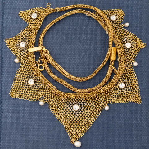 Antique Gold Mesh and Diamond Necklace