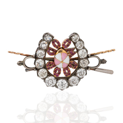 Antique “Good Mood” Old Cut Diamond, Ruby & Enamel Jockey Brooch
