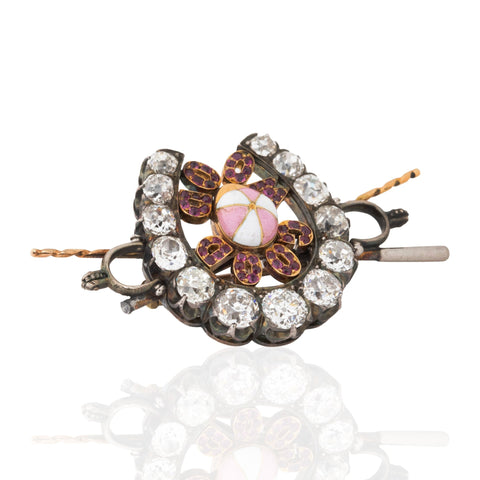 Antique “Good Mood” Old Cut Diamond, Ruby & Enamel Jockey Brooch