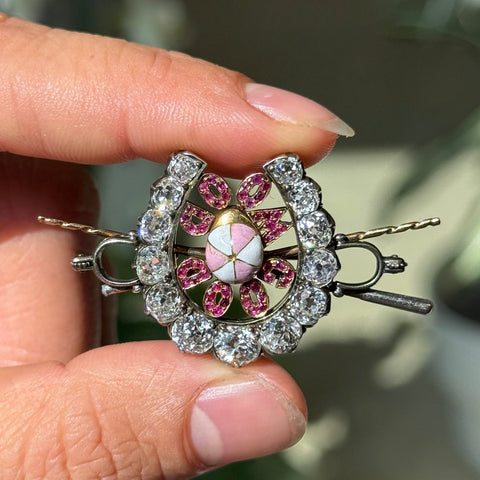 Antique “Good Mood” Old Cut Diamond, Ruby & Enamel Jockey Brooch