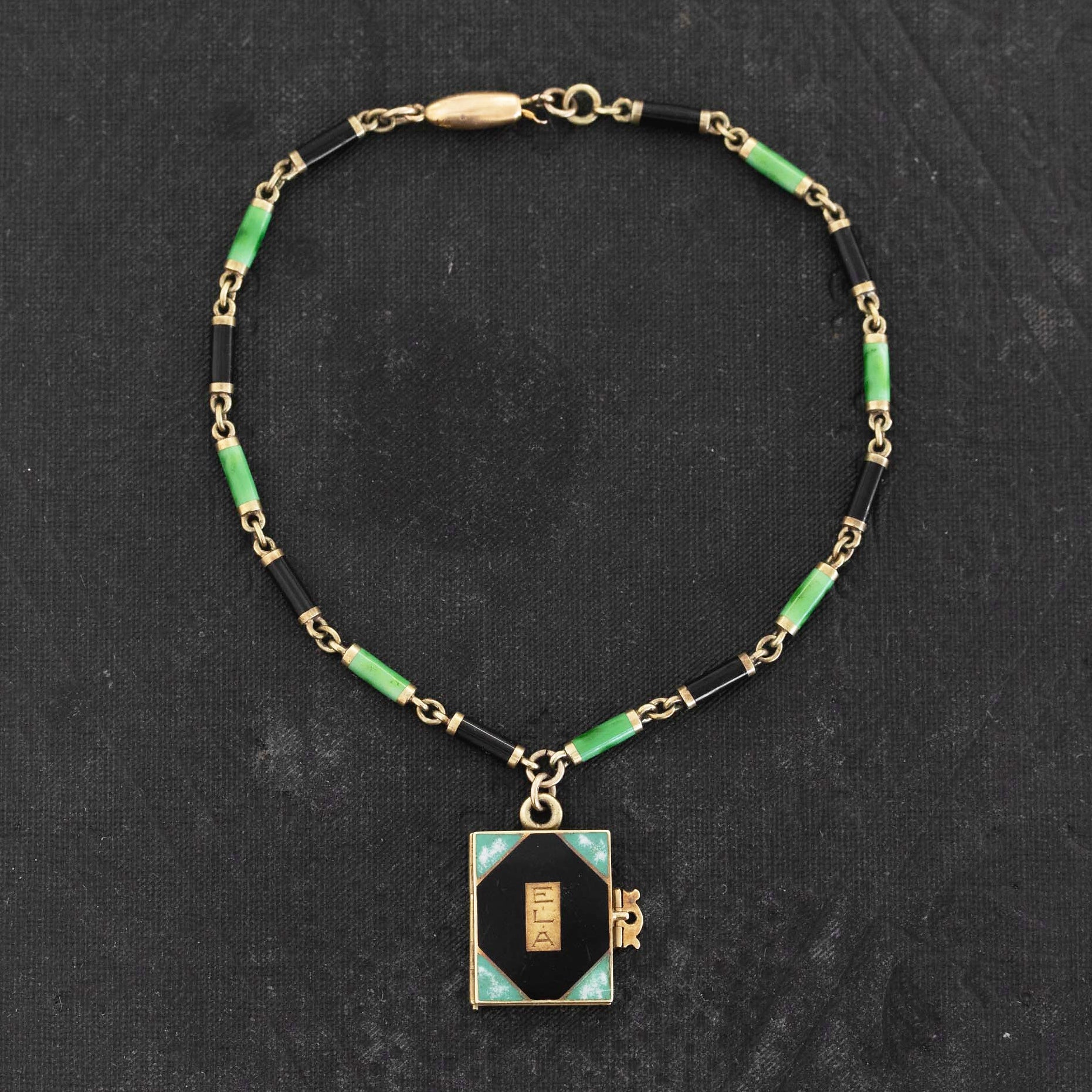 Antique Green & Black Enamel Book Locket Bracelet