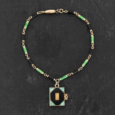 Antique Green & Black Enamel Book Locket Bracelet