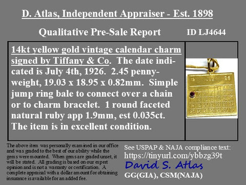 Antique July 4th 1926 Calendar Charm by Tiffany & Co.