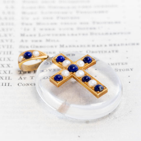Antique Lapis & Pearl Rock Crystal Cross Pendant, c. 1878