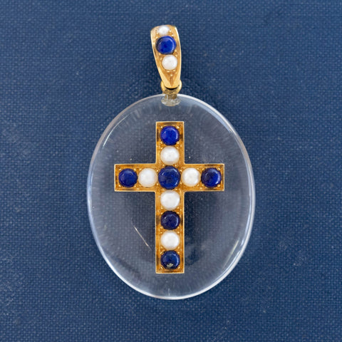 Antique Victorian lapis, pearl and rock crystal cross pendant in 18kt yellow gold, dated 1878