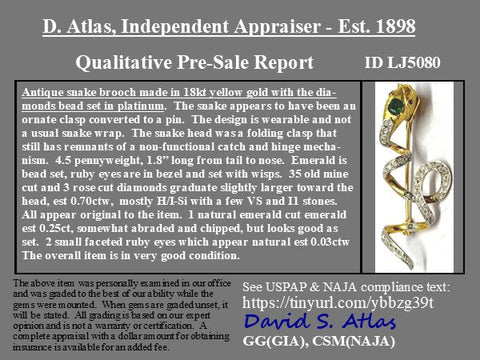 Antique Old Cut Diamond & Emerald Serpent Brooch/Slider