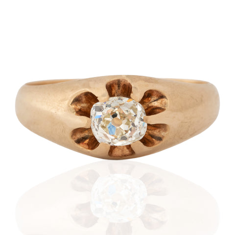 Antique old mine cut diamond belcher solitaire ring in 14kt yellow gold