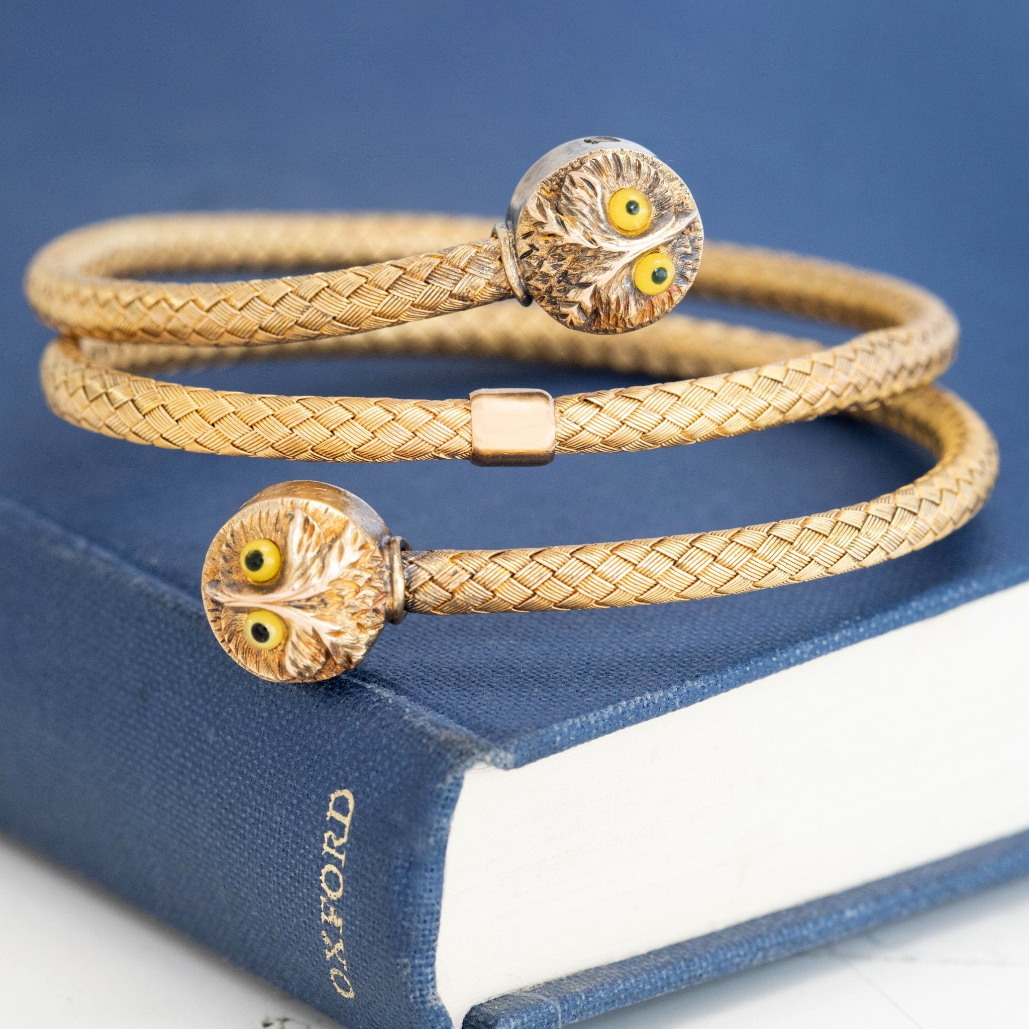 Gold braided bracelet with owl-themed ends on a blue book