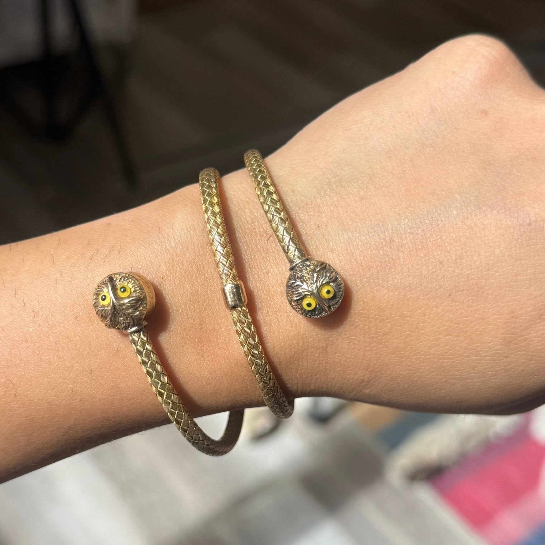 Antique Victorian owl bracelet with double owl heads and woven gold mesh