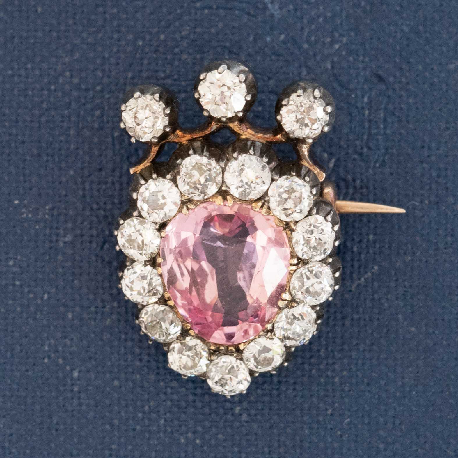 Antique Padparadscha & Old European Cut Diamond Crown Brooch