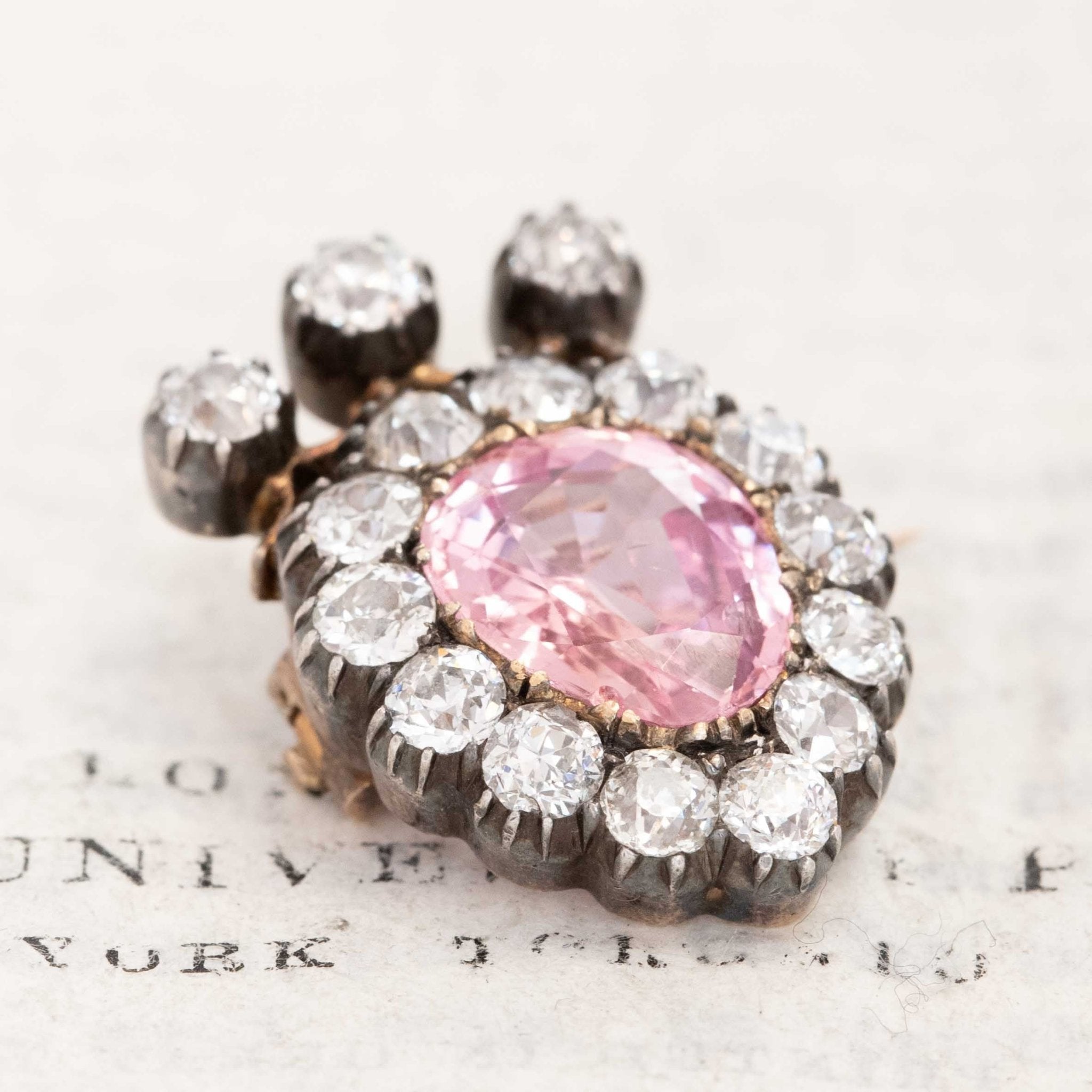 Antique Padparadscha & Old European Cut Diamond Crown Brooch