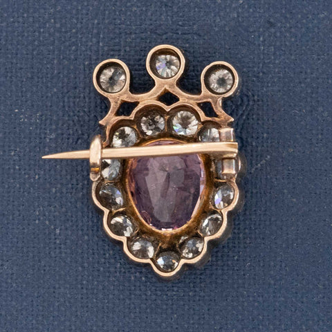 Antique Padparadscha & Old European Cut Diamond Crown Brooch