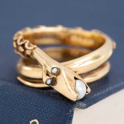 Antique pearl serpent wrap ring in 14kt yellow gold with pearl eyes