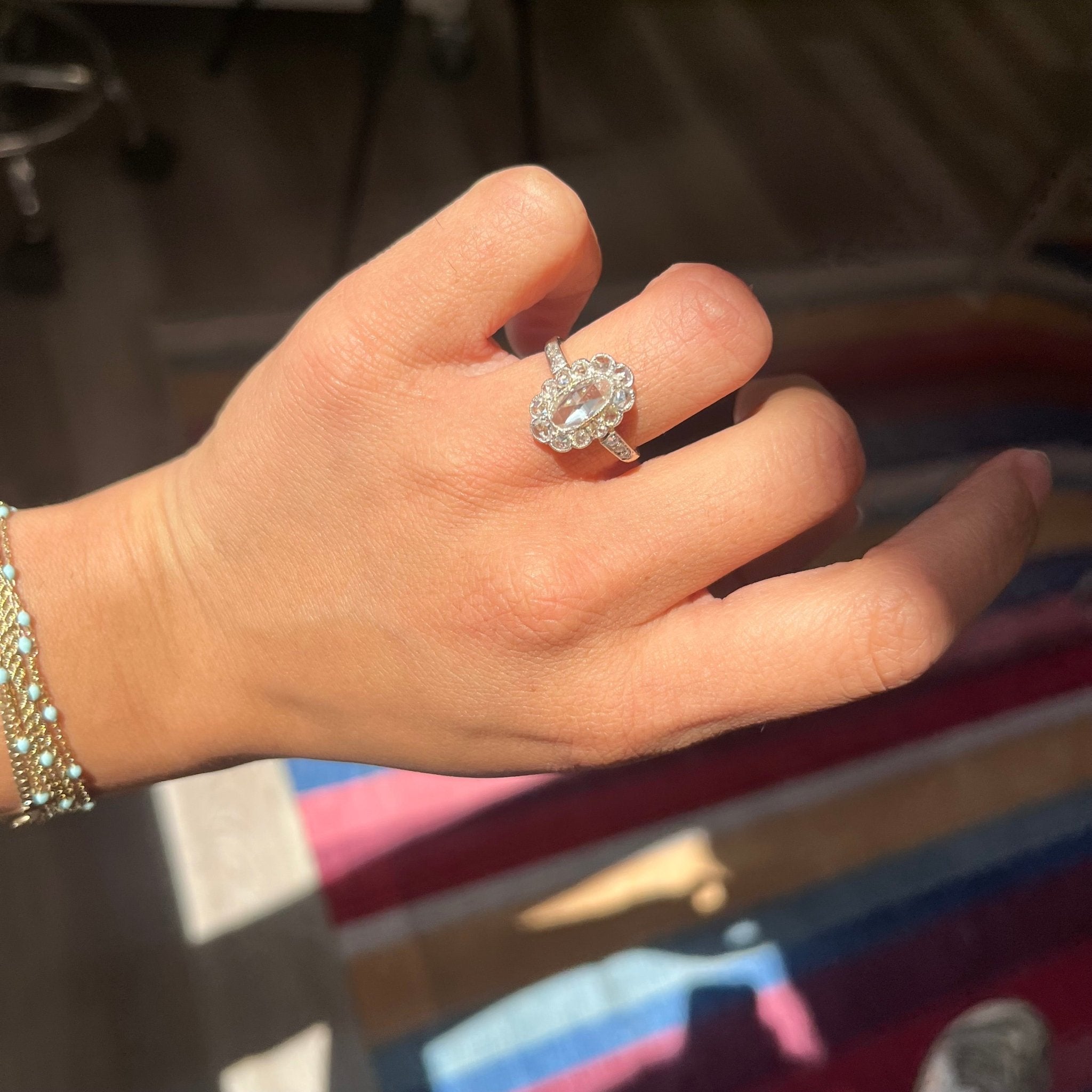 Antique Rose Cut Diamond Cluster Ring, GIA