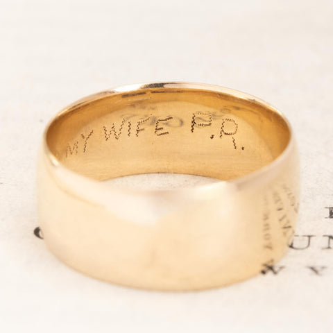 Antique wide wedding band in 14kt yellow gold, 7.7mm, engraved To My Wife – alternate view 5