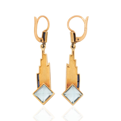Art Deco aquamarine and sapphire drop earrings in 18kt yellow gold, 3.40ctw aquamarines – alternate view 5