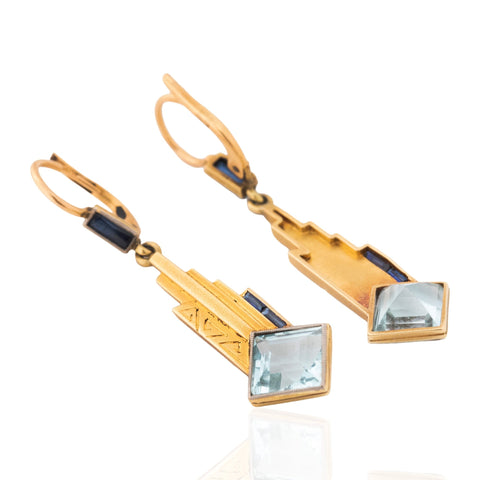 Art Deco aquamarine and sapphire drop earrings in 18kt yellow gold, 3.40ctw aquamarines – alternate view 3