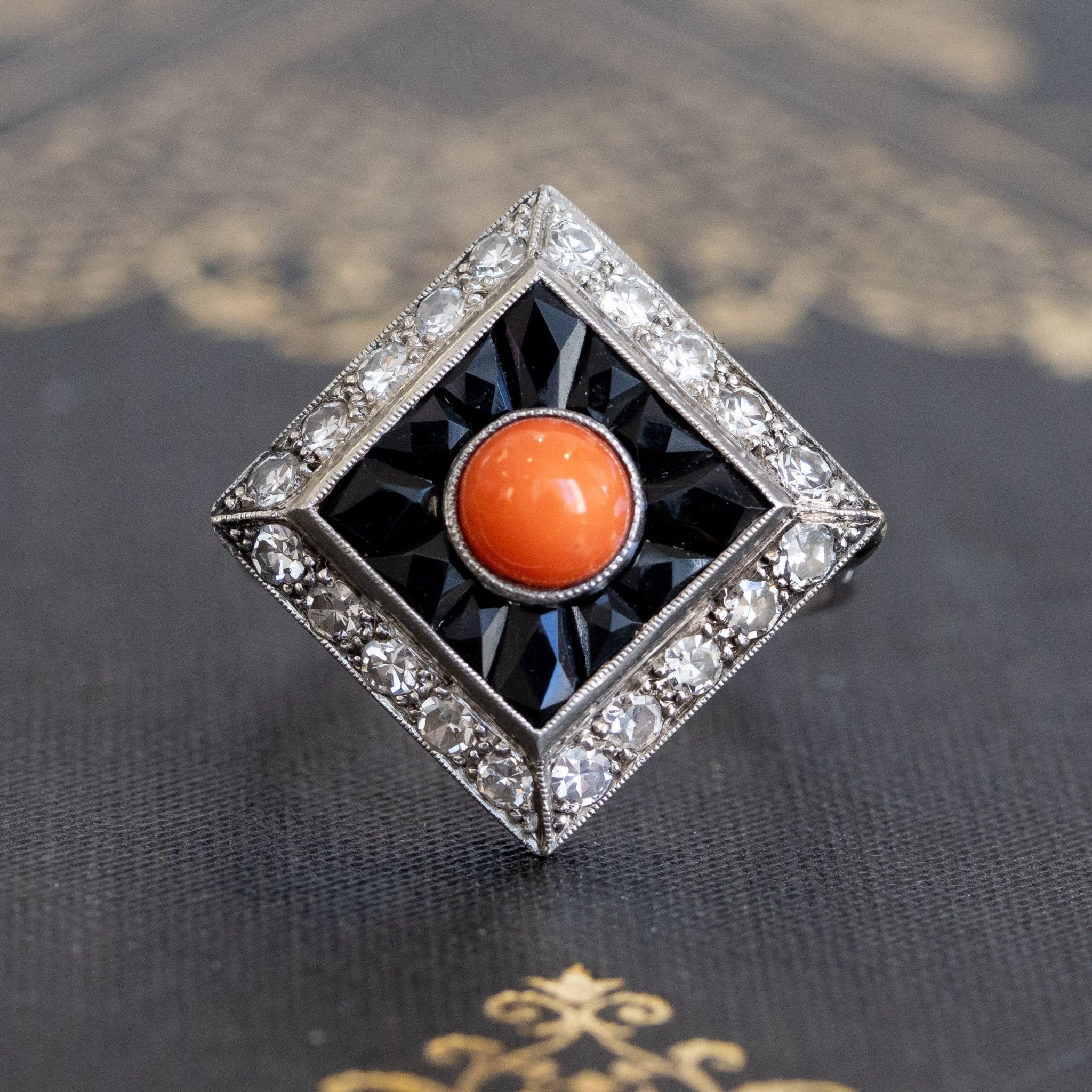 Art Deco Coral, Onyx & Diamond Dinner Ring