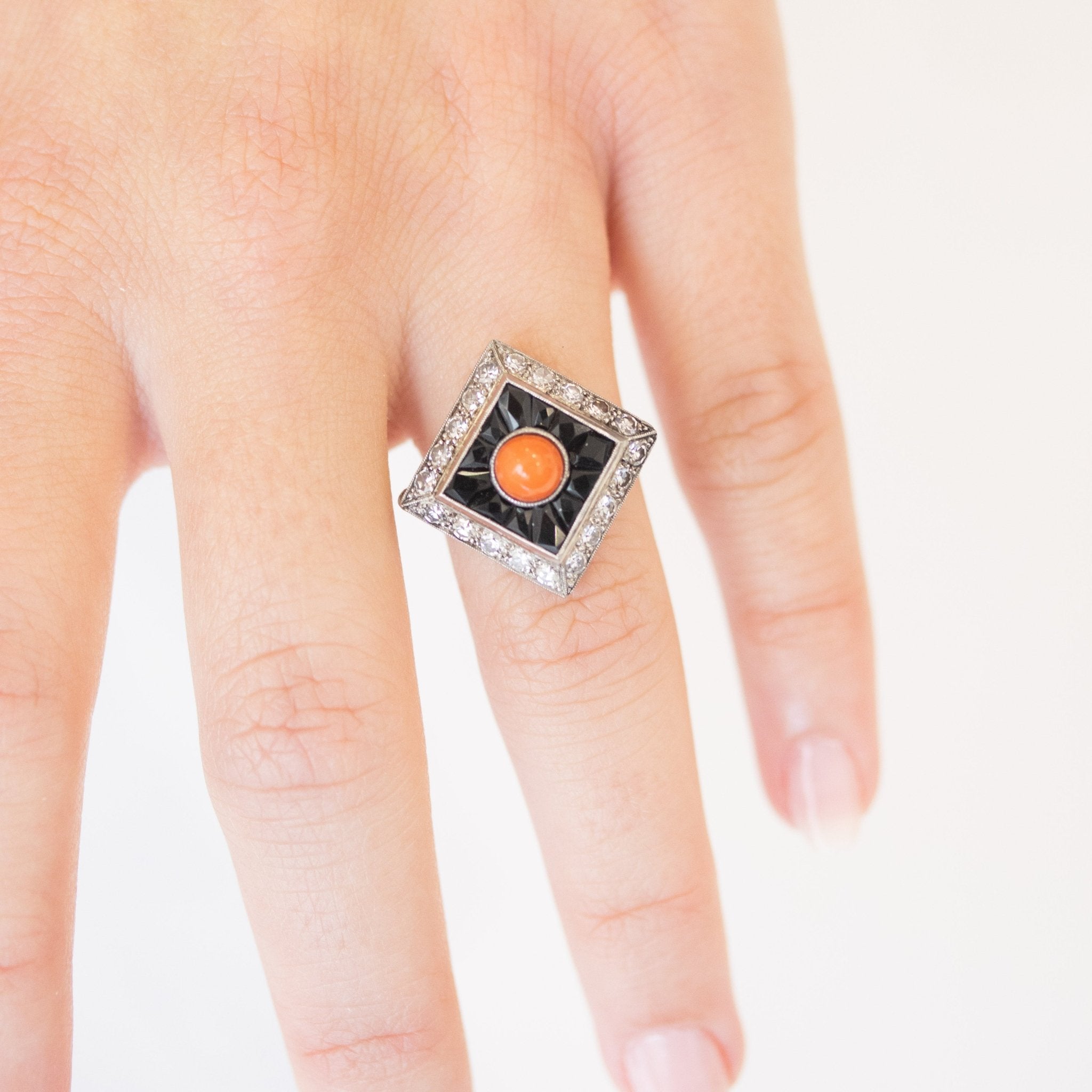 Art Deco Coral, Onyx & Diamond Dinner Ring