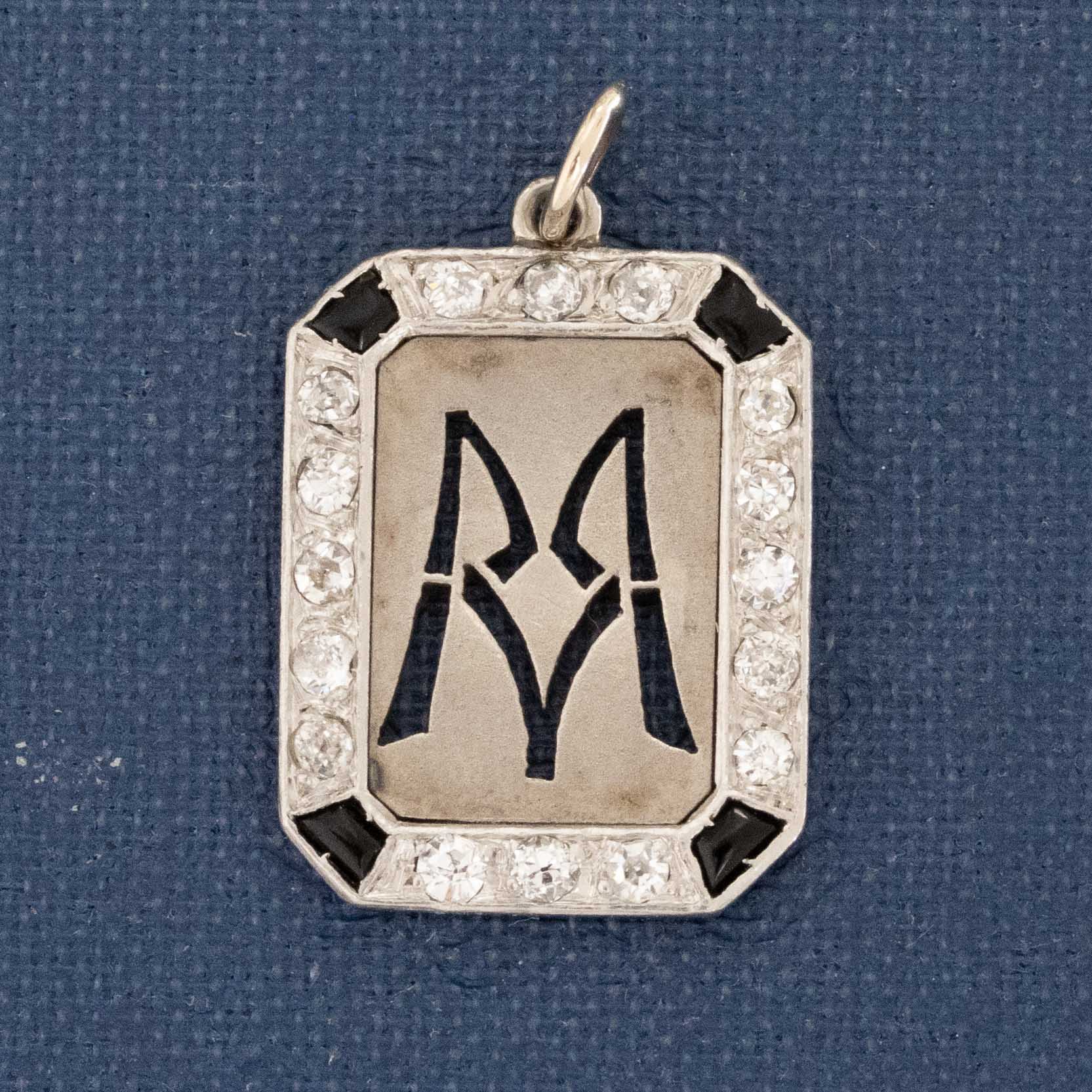 Art Deco Diamond & Onyx ID Tag Pendant