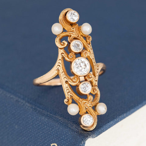Art Nouveau Old European Cut Diamond & Pearl Dinner Ring