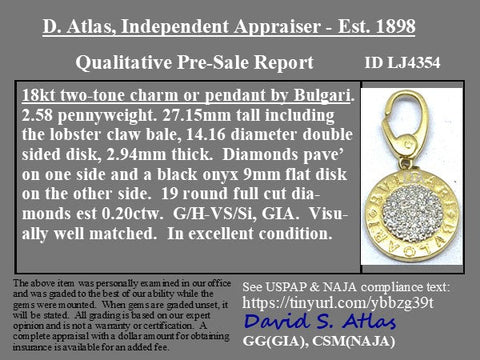 Luxury vintage Bvlgari pendant crafted in 18k yellow gold with pavé-set brilliant white diamonds and bold BVLGARI logo, authentic collectible Italian designer jewelry offered by Jewels by Grace