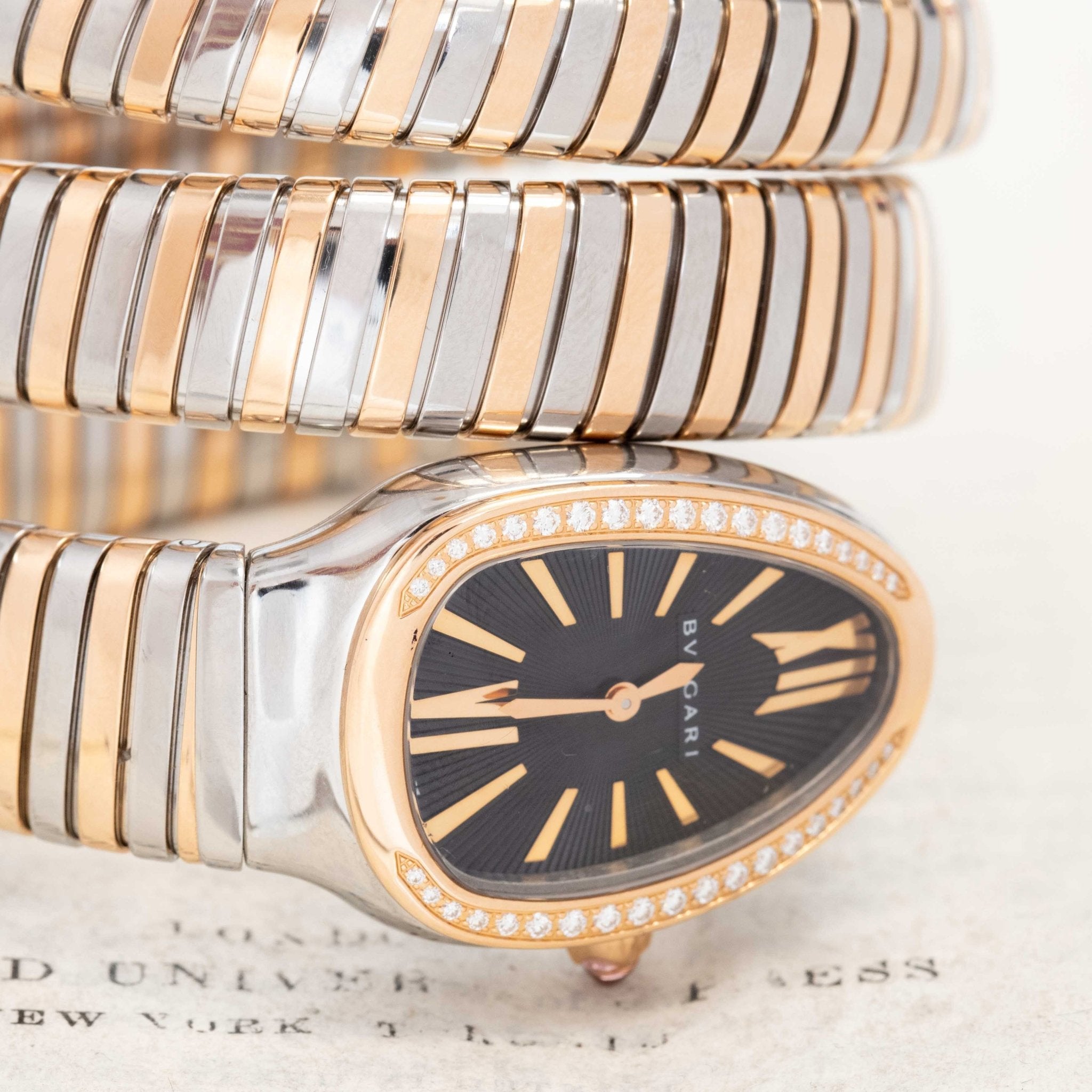 Close-up of Bvlgari Serpenti Tubogas coils in rose gold and stainless steel