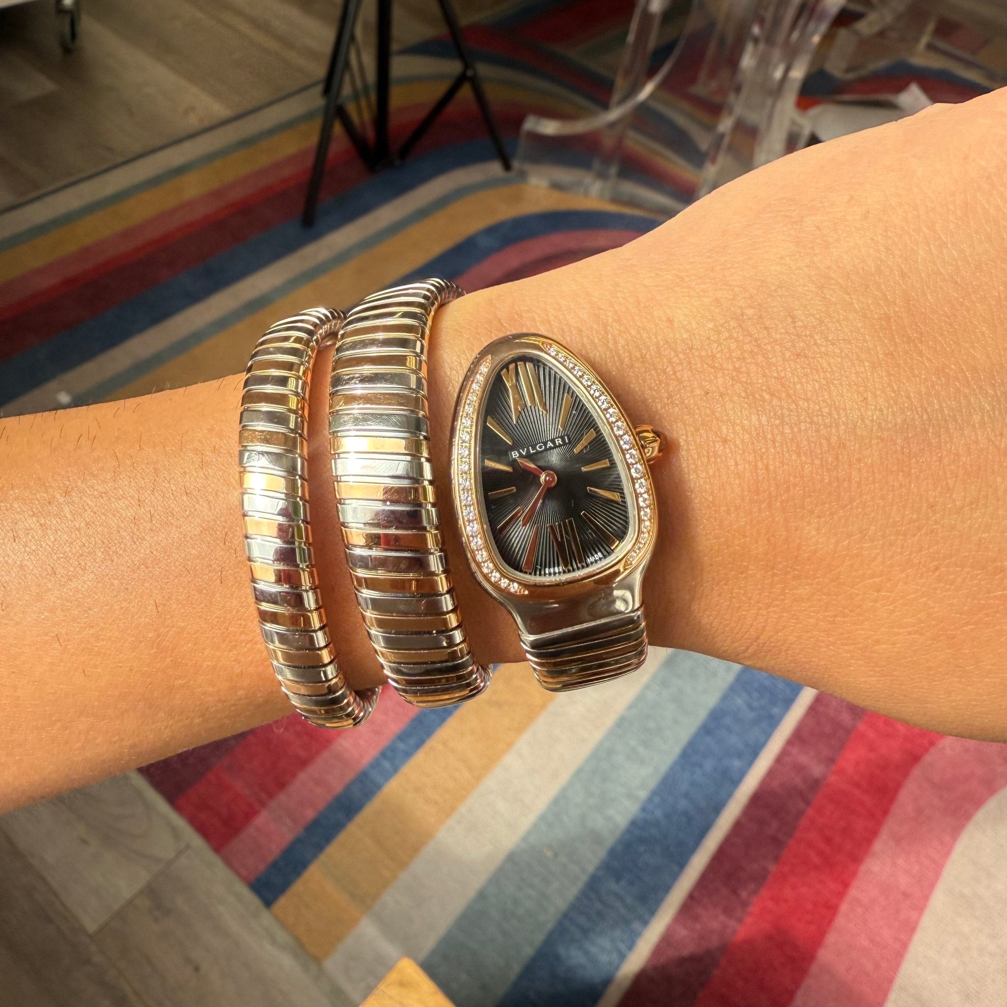 Rose gold and steel Bvlgari Serpenti watch with diamond bezel