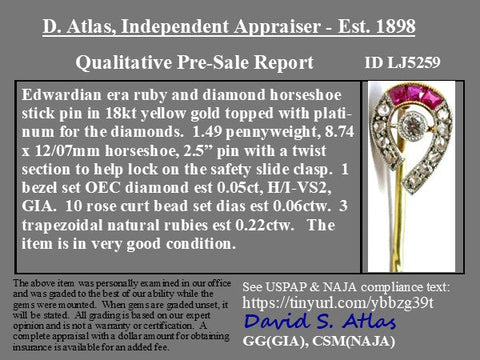 Edwardian Diamond & Ruby Horseshoe Stick Pin