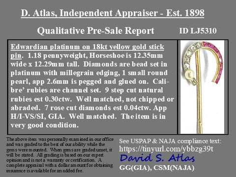 Edwardian Diamond, Ruby & Pearl Horseshoe Stick Pin
