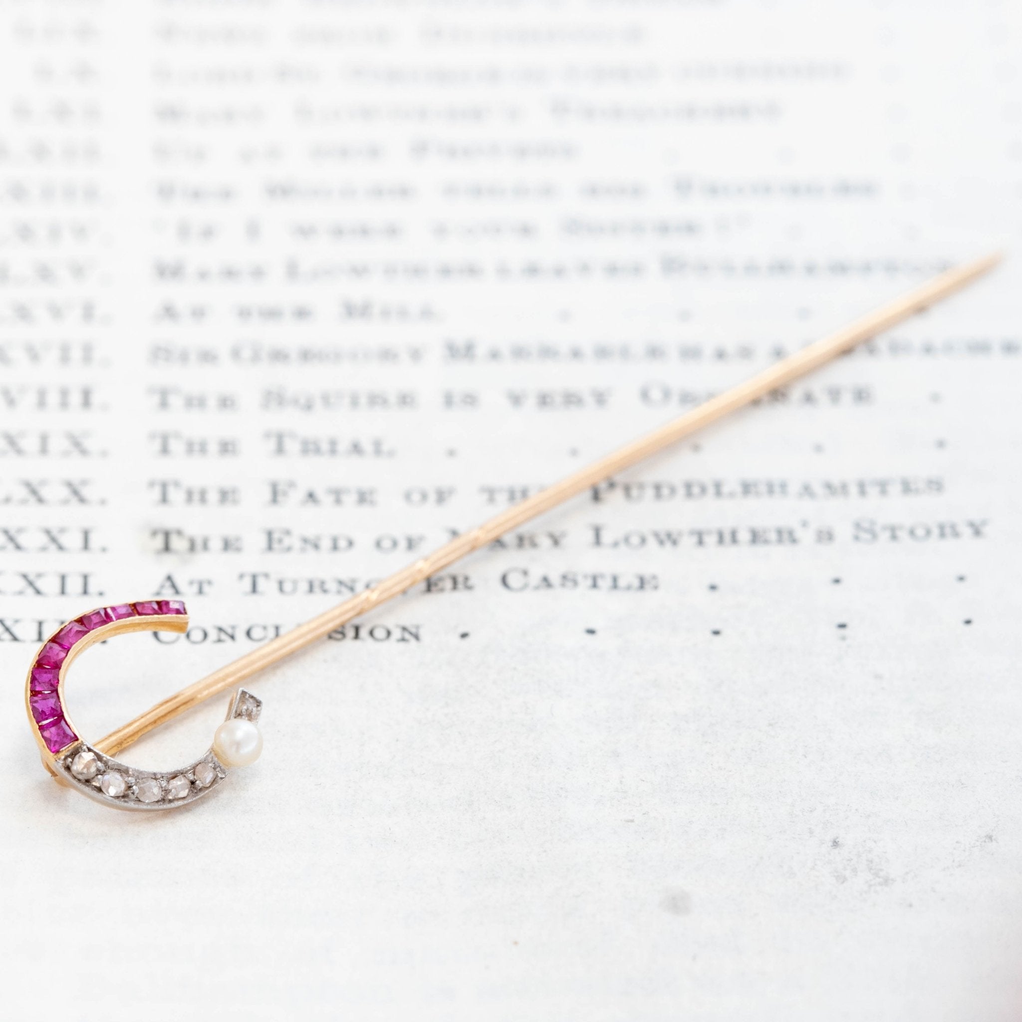 Edwardian Diamond, Ruby & Pearl Horseshoe Stick Pin