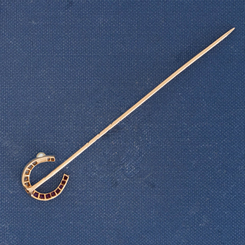 Edwardian Diamond, Ruby & Pearl Horseshoe Stick Pin