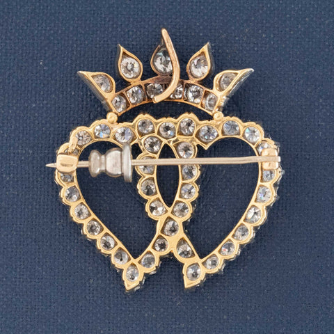 Vintage diamond heart brooch with crown motif, old European cut diamonds