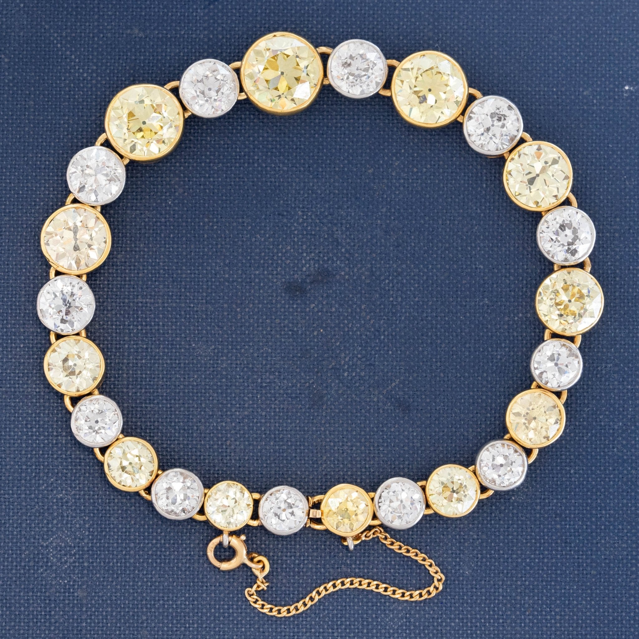 Black Starr and Frost antique diamond bracelet with alternating fancy yellow and white old European cut diamonds, 28 carats total, ex-Bunny Mellon Collection, Sotheby's 2014