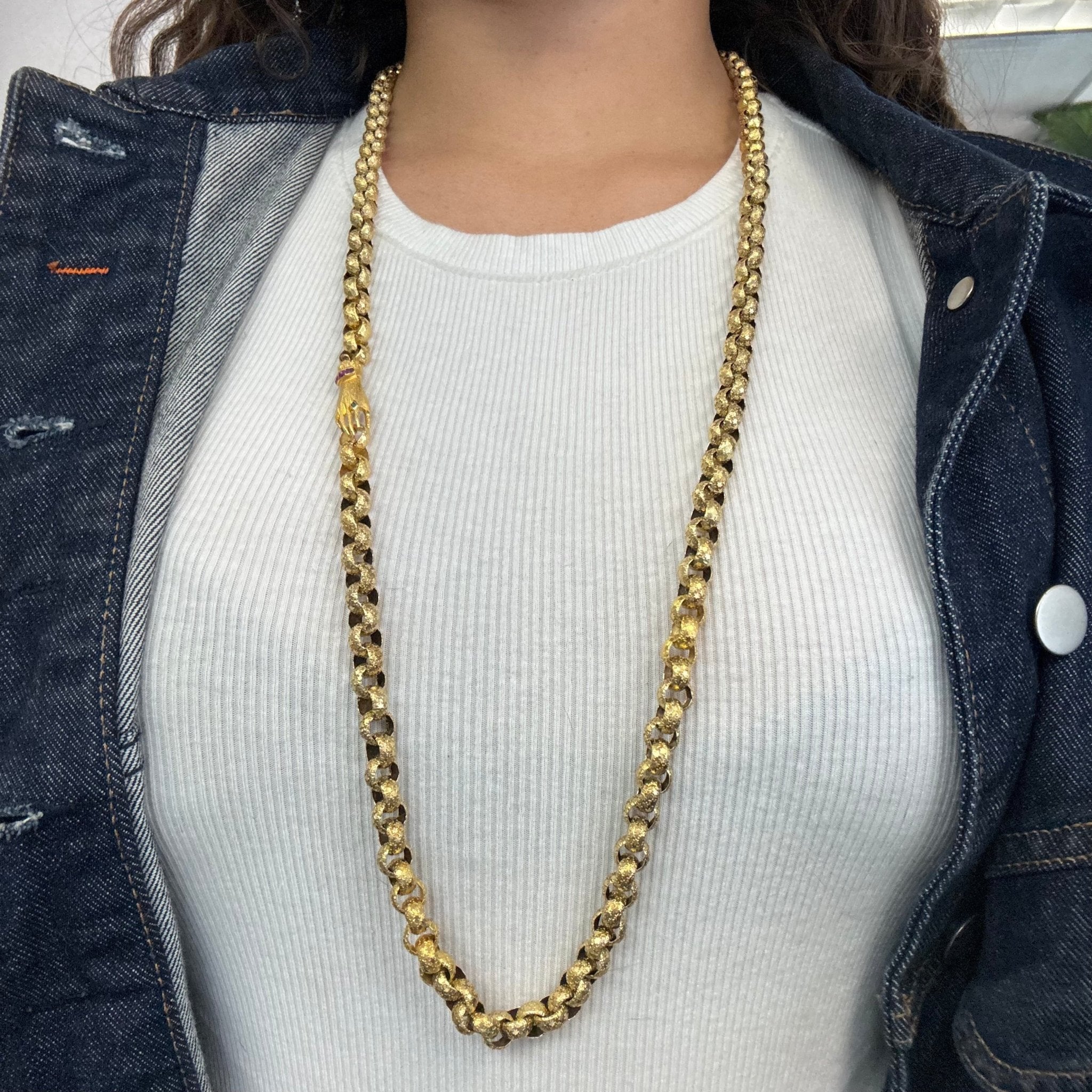 Victorian gold guard chain necklace with hand clasp and star motif