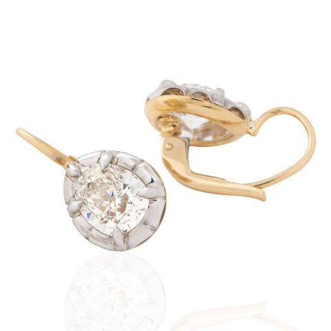 Old cut pear shaped diamond collet dormeuse drop earrings, 3.04ctw, GIA, 18K white and yellow gold – alternate view 3