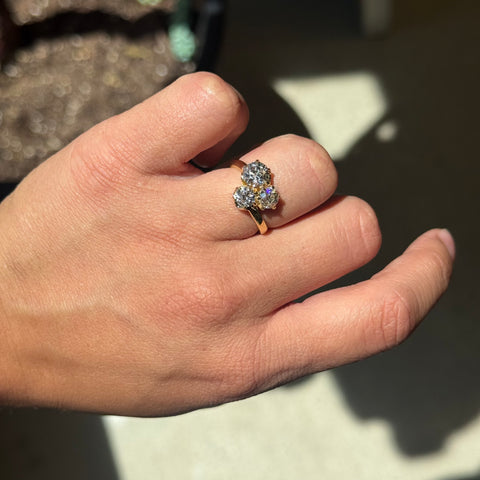 Old European cut diamond clustered trilogy ring, 2.27ctw, three GIA diamonds, 18K yellow gold – alternate view 2