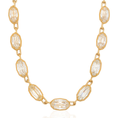 Oval step cut diamond tennis necklace, 20.07ctw, 32 GIA certified diamonds in 18K yellow gold