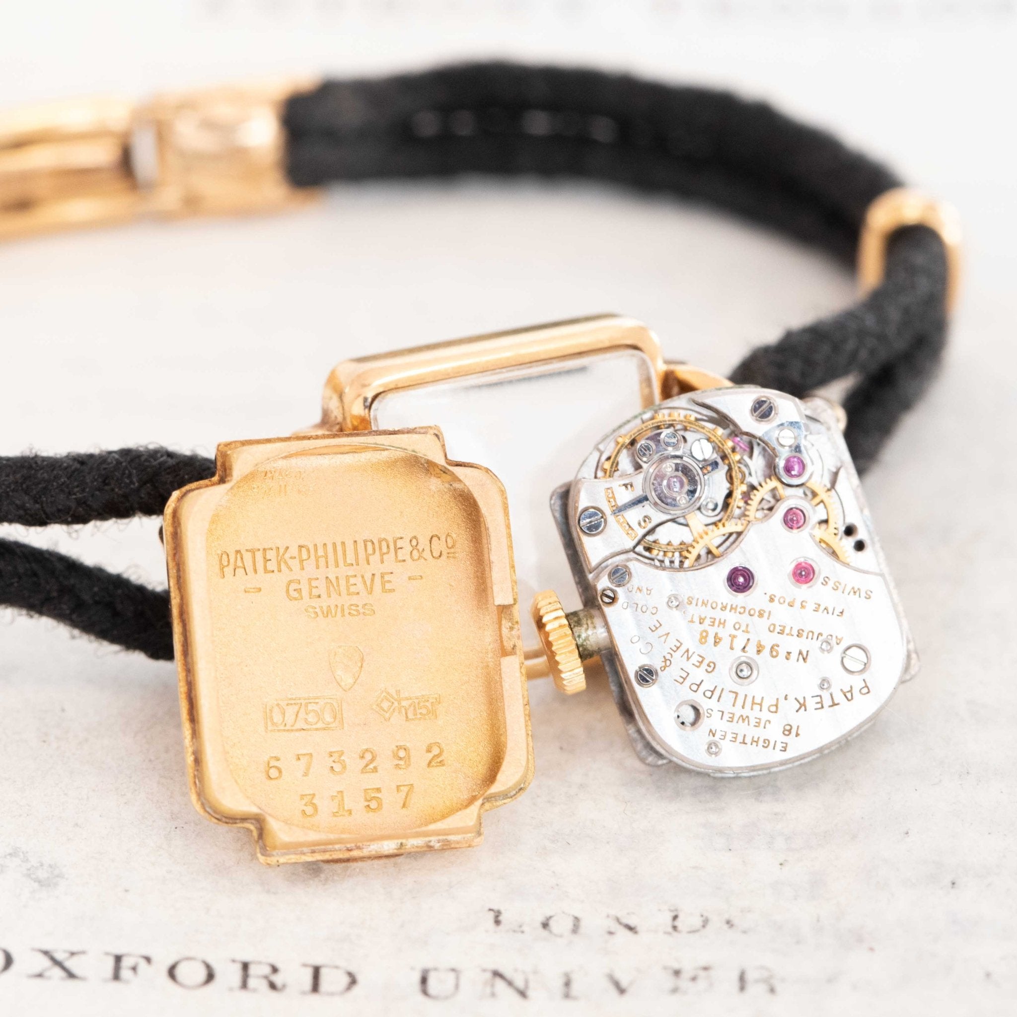 Close-up of vintage Patek Genève square dial