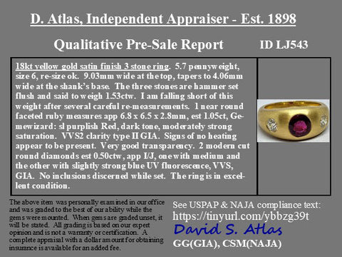 Ruby and diamond flush set three-stone ring, 1.55ctw, 18K yellow gold – alternate view 6