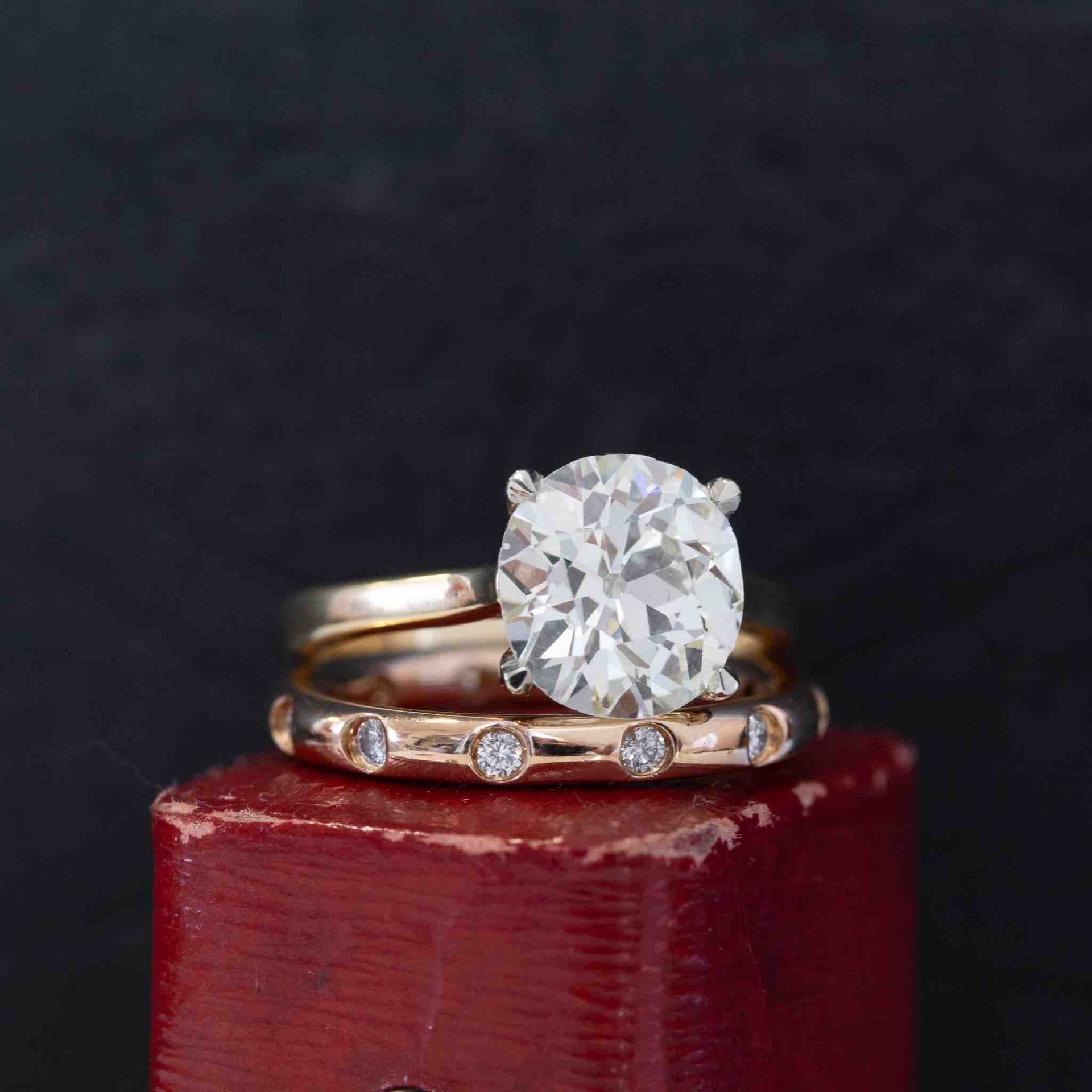 3.10ct old European cut diamond solitaire paired with a Tiffany & Co. scatter diamond band in yellow gold.
