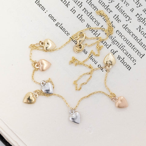 Tri-Tone Puffy Heart Station Necklace, Yellow Gold Chain