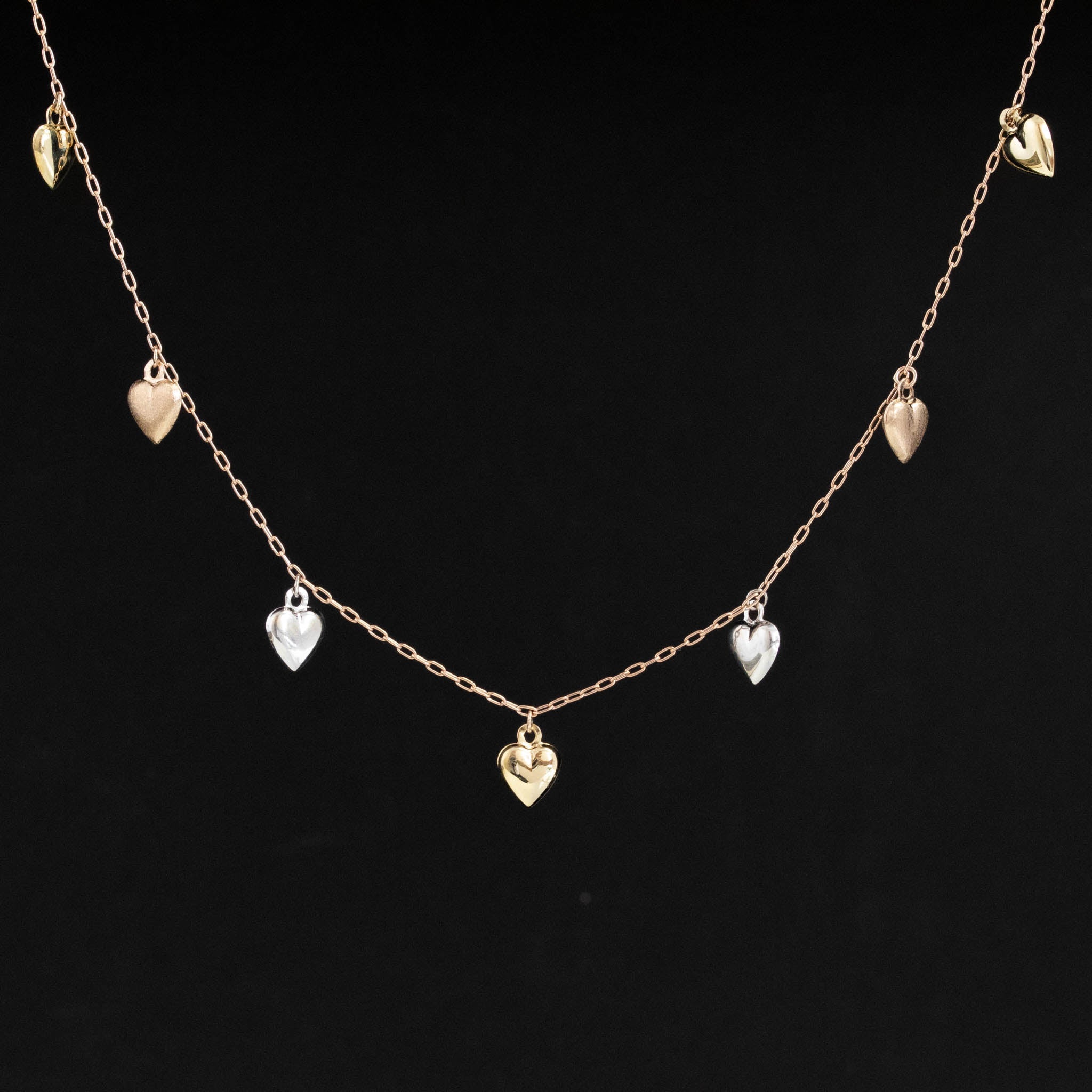 Tri-Tone Puffy Heart Station Necklace, Yellow Gold Chain