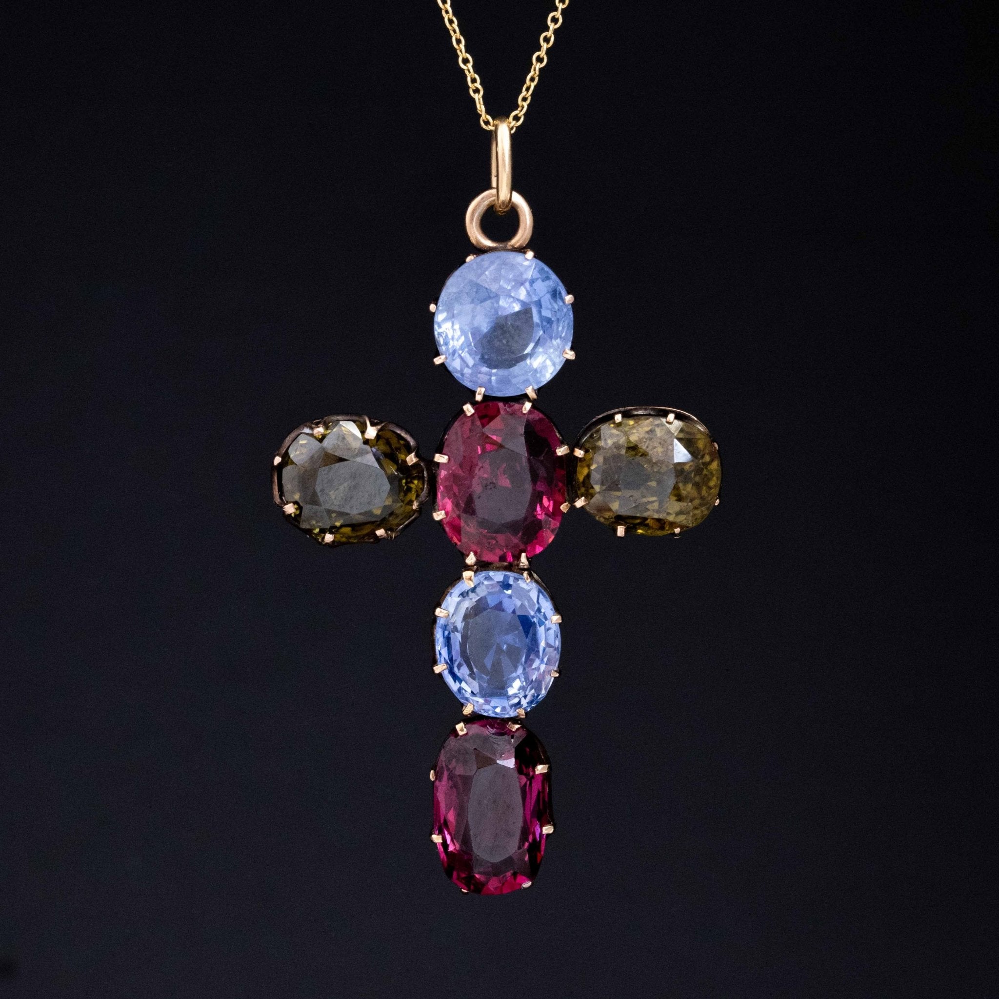 Victorian Gemstone Cross Pendant, GIA No-Heat Sapphires