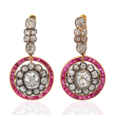 Victorian old mine cut diamond cluster day to night drop earrings with removable calibre ruby halos, 3.15ctw