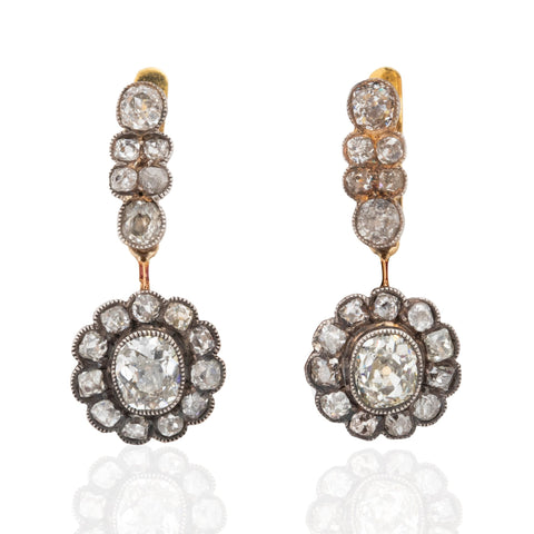 Victorian old mine cut diamond cluster day to night drop earrings with removable calibre ruby halos, 3.15ctw – alternate view 2