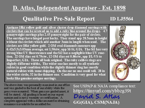 Victorian old mine cut diamond cluster day to night drop earrings with removable calibre ruby halos, 3.15ctw – alternate view 6