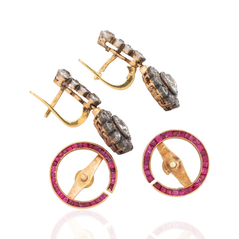 Victorian old mine cut diamond cluster day to night drop earrings with removable calibre ruby halos, 3.15ctw – alternate view 7