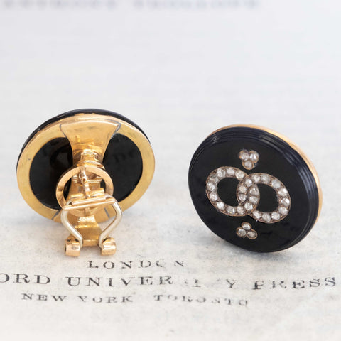 Victorian Rose Cut Diamond Onyx Clip-On Earrings