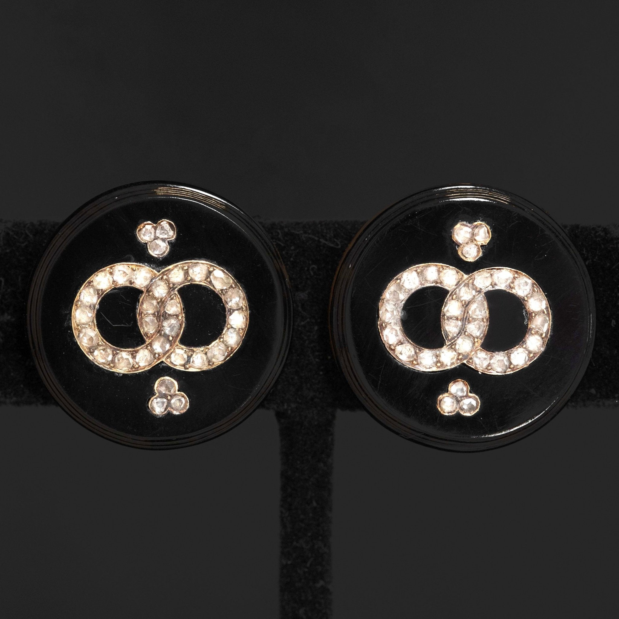 Victorian Rose Cut Diamond Onyx Clip-On Earrings